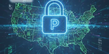 Digital lock on US map representing data privacy regulations across states
