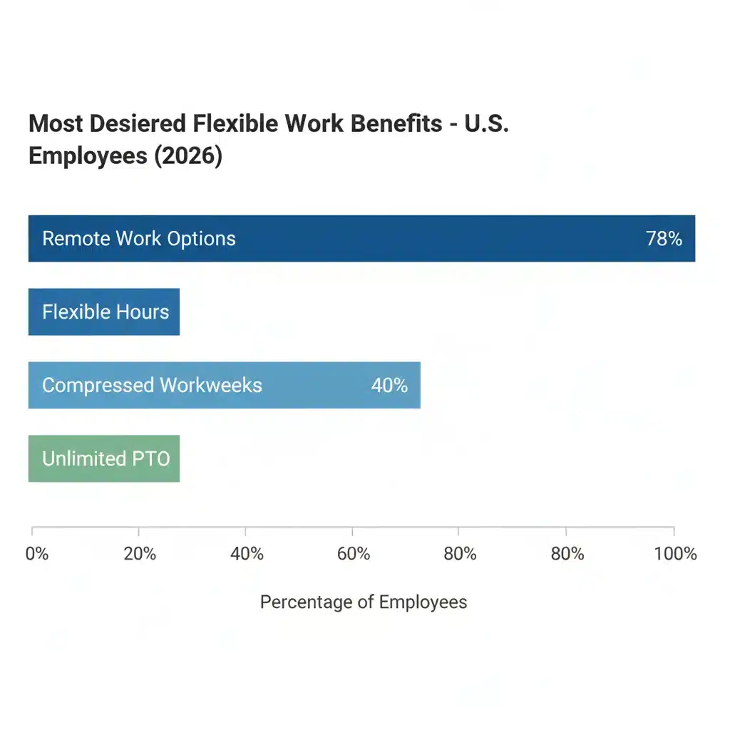 Bar chart showing popular flexible work benefits among U.S. employees in 2026.