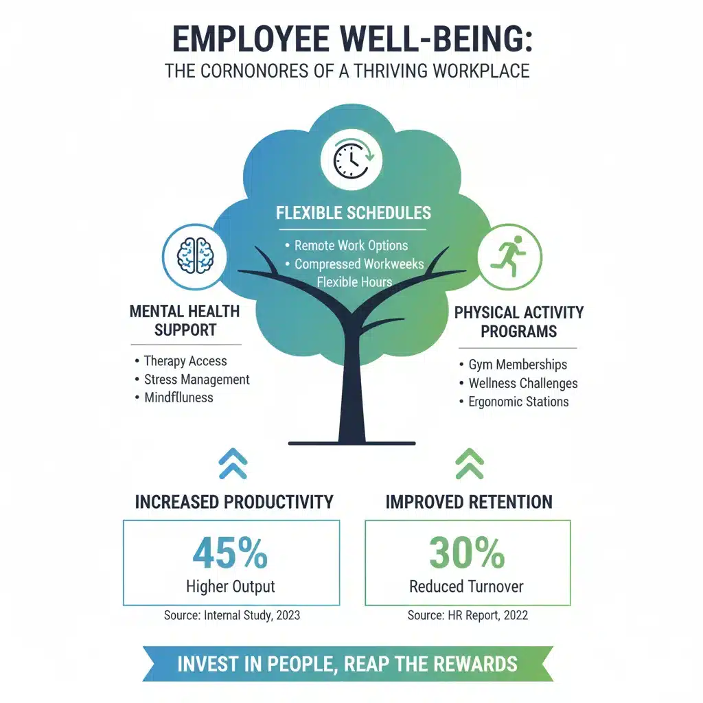 Infographic detailing essential components of employee well-being programs and their positive workplace impact.