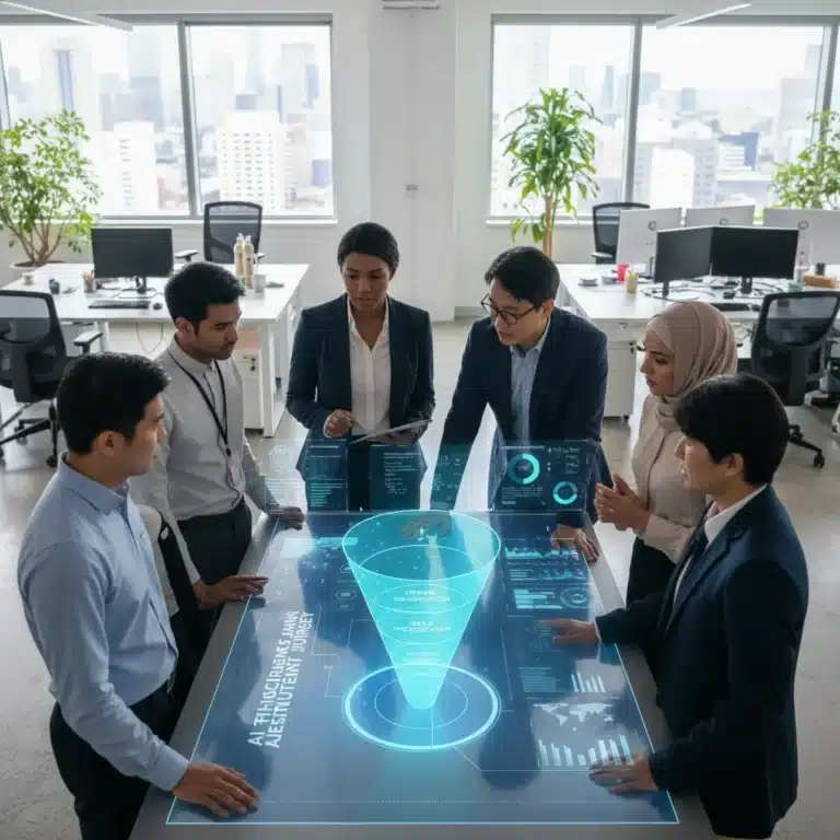 Ethical AI recruitment in action, diverse HR team reviewing data