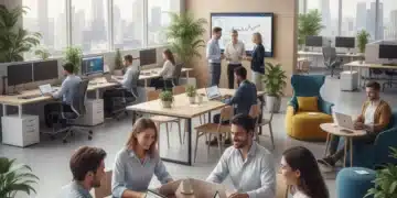 Professionals collaborating in a flexible work environment with laptops and modern office design.