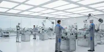 Robots and humans collaborating in a modern manufacturing facility, showcasing the future of work.
