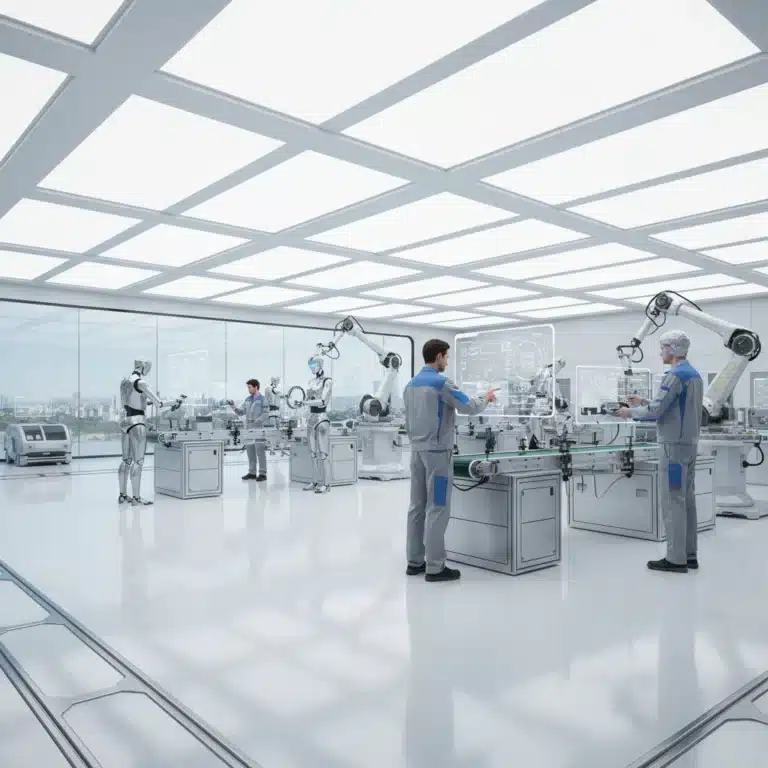 Robots and humans collaborating in a modern manufacturing facility, showcasing the future of work.