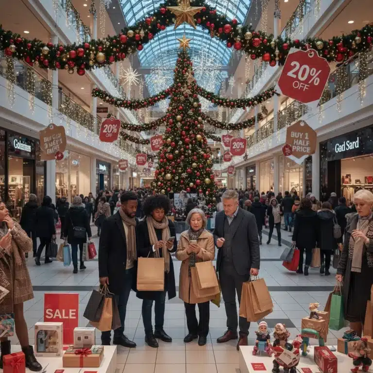 Holiday shoppers examining price tags in a brightly lit retail store during an inflationary period.