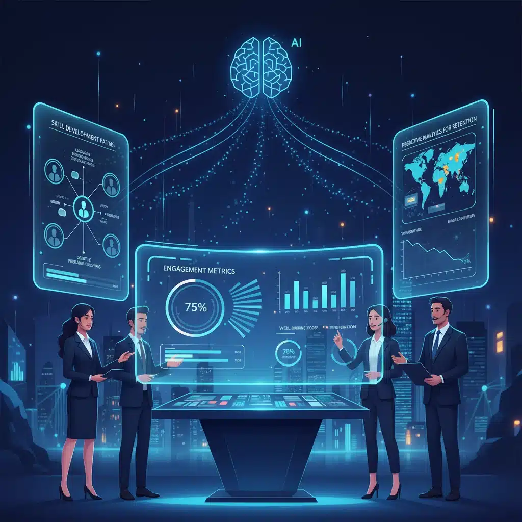 HR professionals utilizing AI and data analytics for personalized employee experience and engagement strategies.