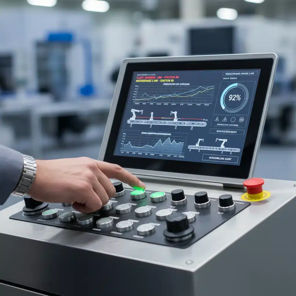 Human operator monitoring automated production line data on a control panel.