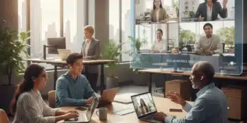 Diverse professionals collaborating in a hybrid workplace, showcasing modern employee engagement strategies.