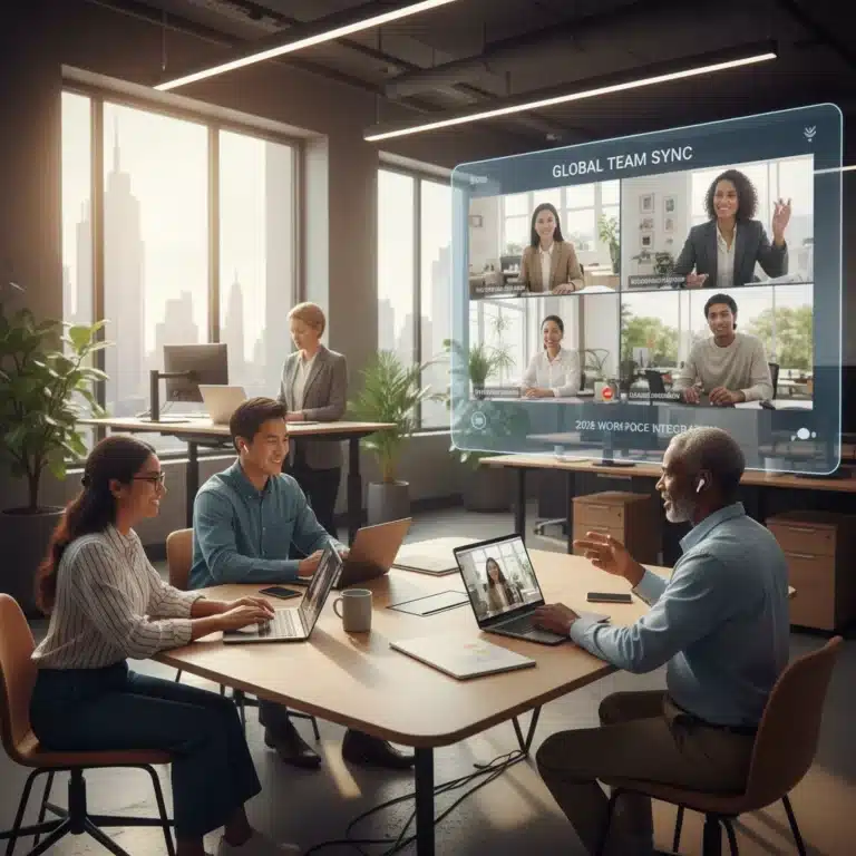 Diverse professionals collaborating in a hybrid workplace, showcasing modern employee engagement strategies.