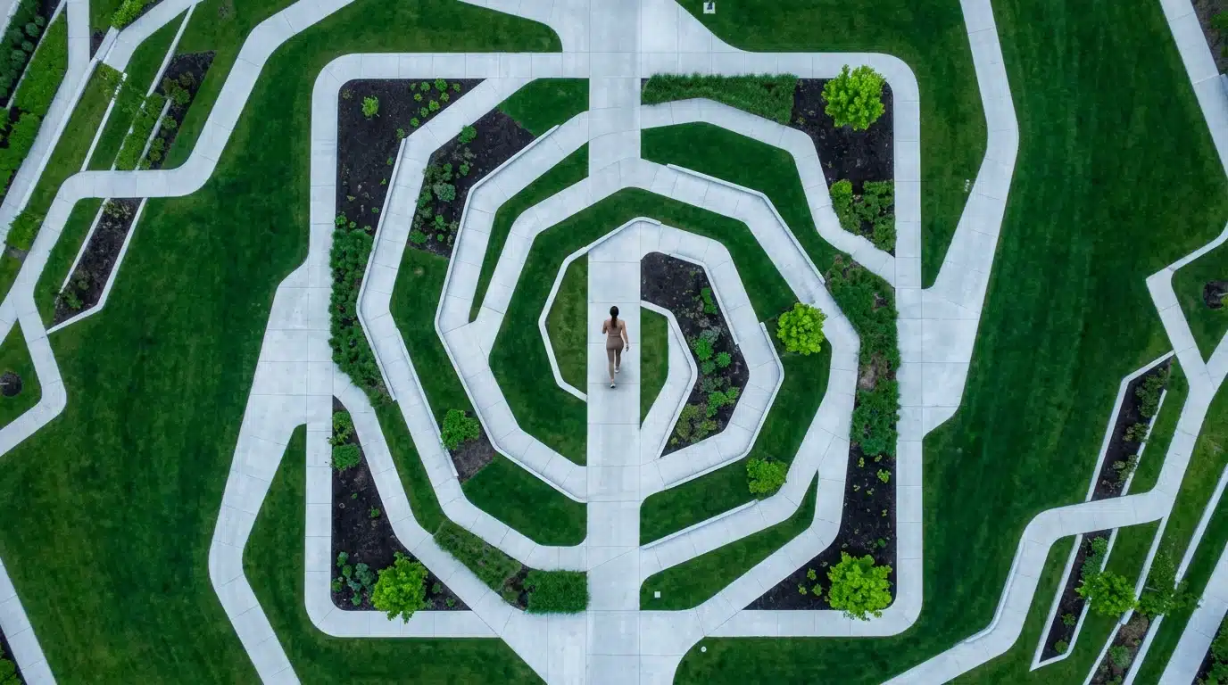 An aerial drone view of a person walking on winding geometric pathways in an urban park, symbolizing the evolving workforce and complex hybrid work models. The pathways are concrete, bordered by green lawns, under an overcast sky.