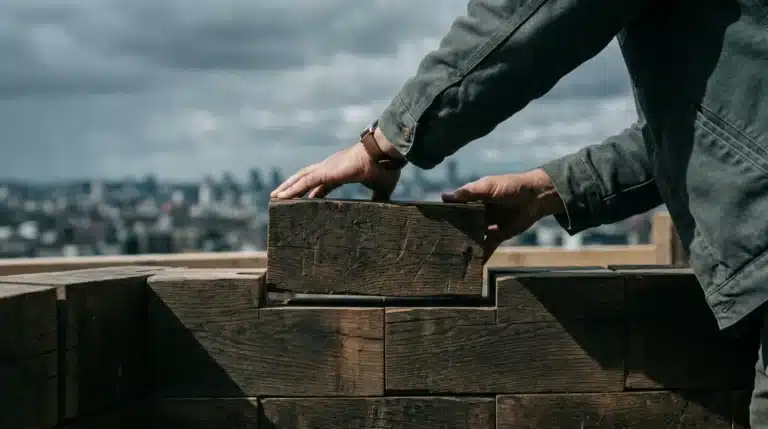 Person carefully building a foundation with reclaimed wooden bricks, symbolizing sustainable startup growth and resilience.