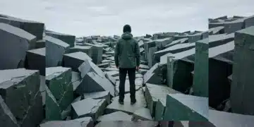 A person navigating a fragmented, geometric landscape of slate grey and deep green rock formations, symbolizing shifting market opportunities in startup growth, under soft overcast light.