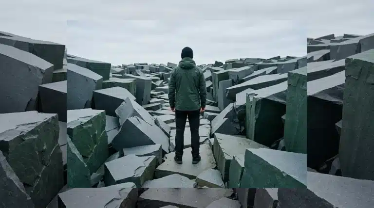 A person navigating a fragmented, geometric landscape of slate grey and deep green rock formations, symbolizing shifting market opportunities in startup growth, under soft overcast light.