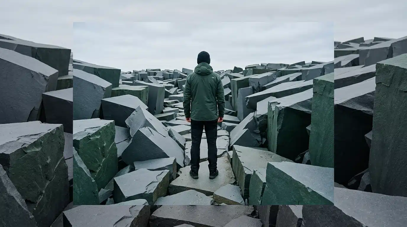 A person navigating a fragmented, geometric landscape of slate grey and deep green rock formations, symbolizing shifting market opportunities in startup growth, under soft overcast light.