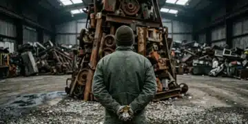 A person in a dark green work jacket stands in an industrial reclamation yard, holding a brass compass and looking at a sculpture of obsolete machinery parts, symbolizing workforce adaptability.