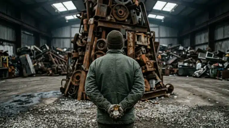 A person in a dark green work jacket stands in an industrial reclamation yard, holding a brass compass and looking at a sculpture of obsolete machinery parts, symbolizing workforce adaptability.