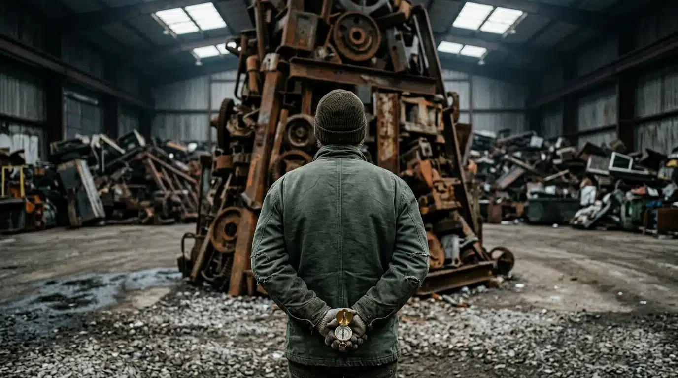 A person in a dark green work jacket stands in an industrial reclamation yard, holding a brass compass and looking at a sculpture of obsolete machinery parts, symbolizing workforce adaptability.