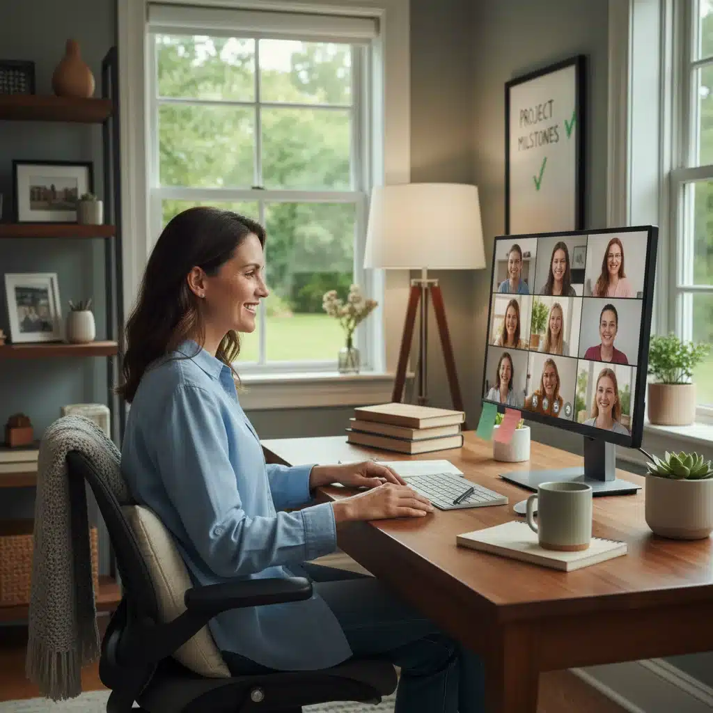 Smiling employee on a video call from a comfortable and organized home office setup.