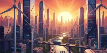 Modern city powered by renewable energy with financial overlay