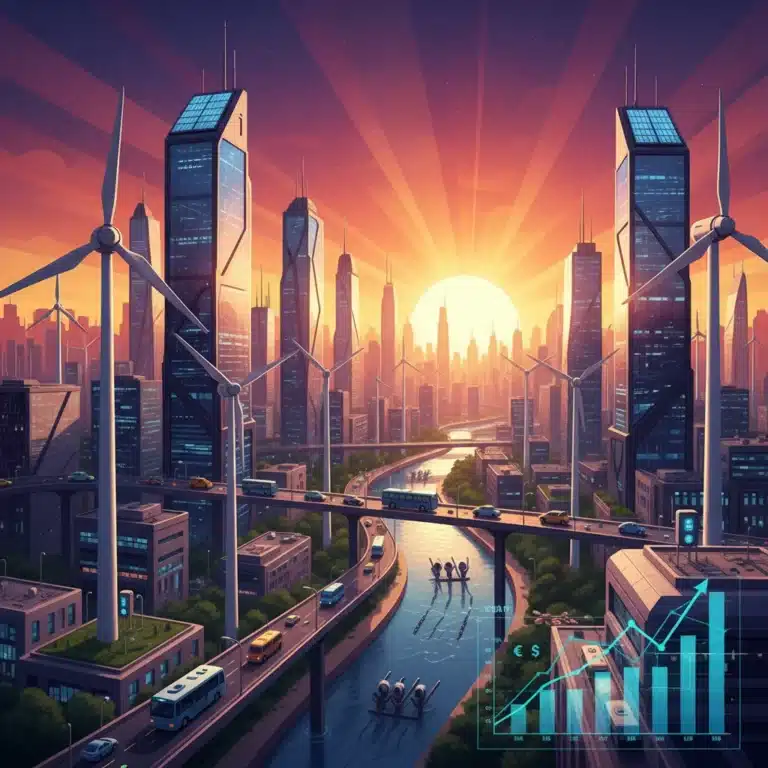 Modern city powered by renewable energy with financial overlay