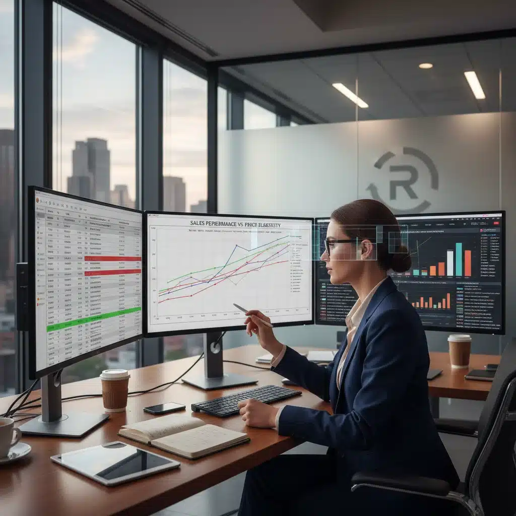 Retail executive analyzing complex pricing data and market trends for strategic adjustments.