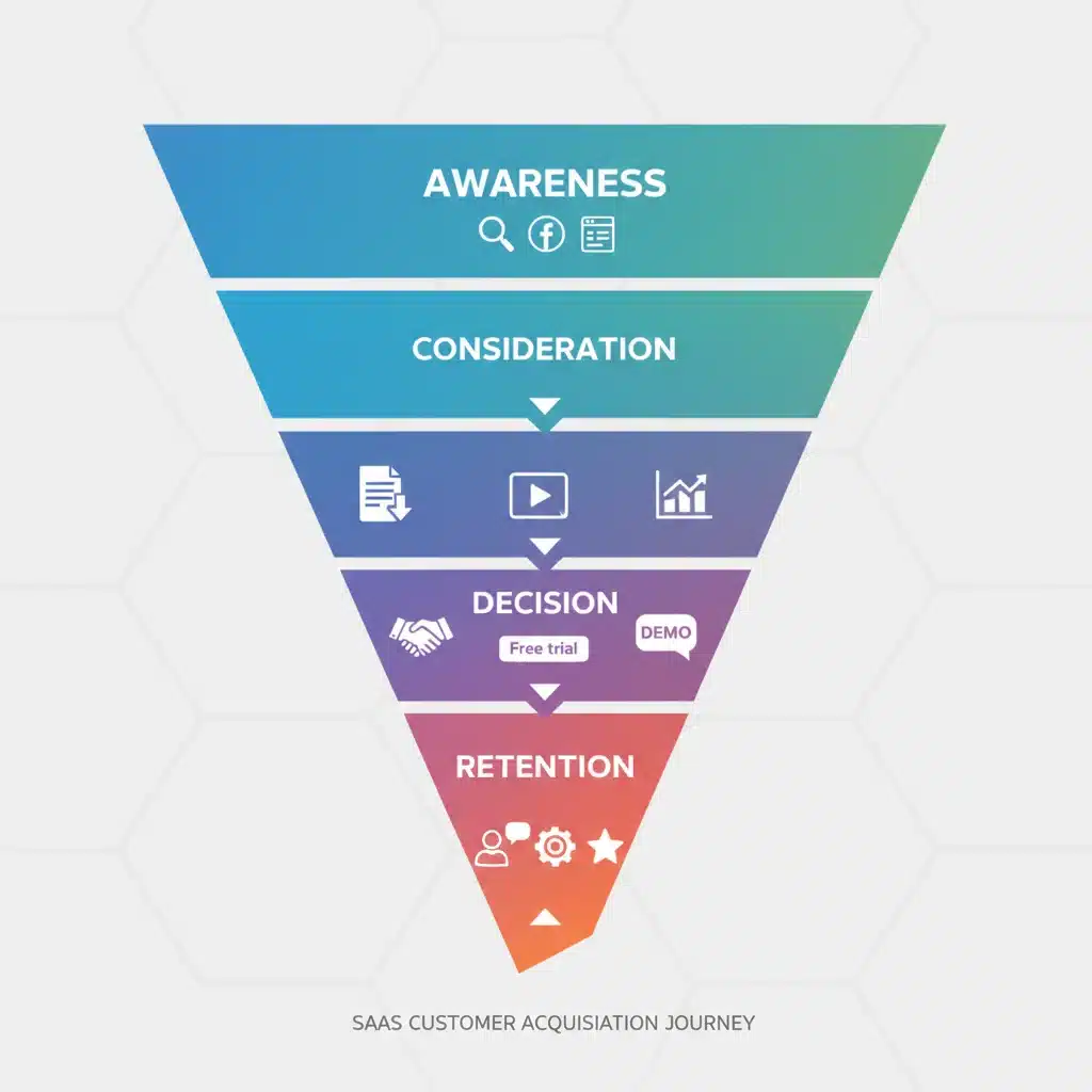 SaaS customer acquisition funnel illustrating stages from awareness to retention.