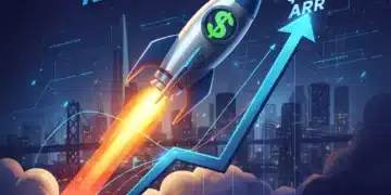 Rocket taking off from a financial graph, symbolizing a US SaaS startup reaching $1M ARR.