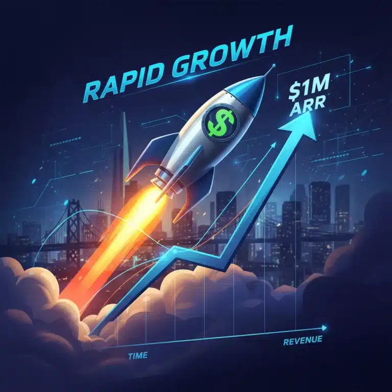 Rocket taking off from a financial graph, symbolizing a US SaaS startup reaching $1M ARR.