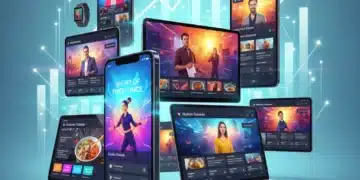 Dynamic montage of short-form video content on various devices, illustrating digital marketing growth and ROI.