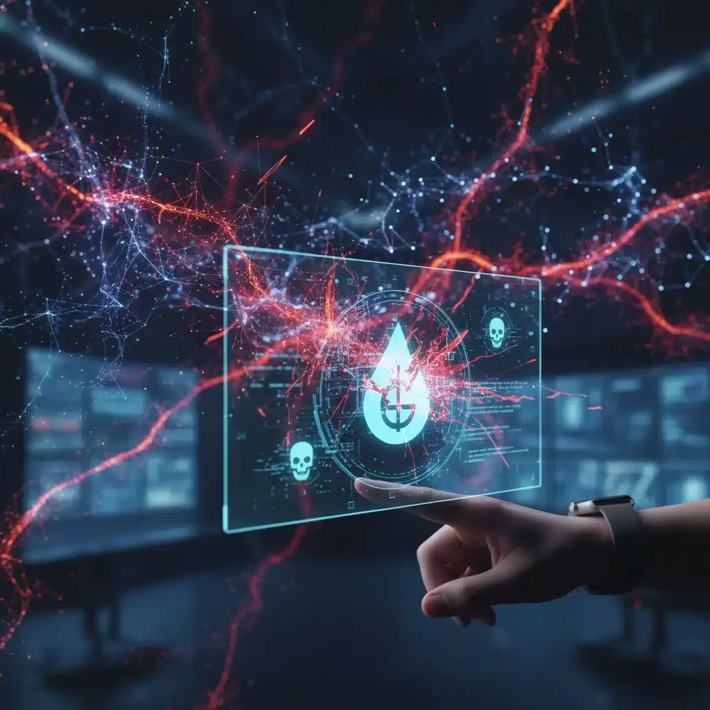 AI neural network demonstrating a sophisticated cyber attack with malicious data flow
