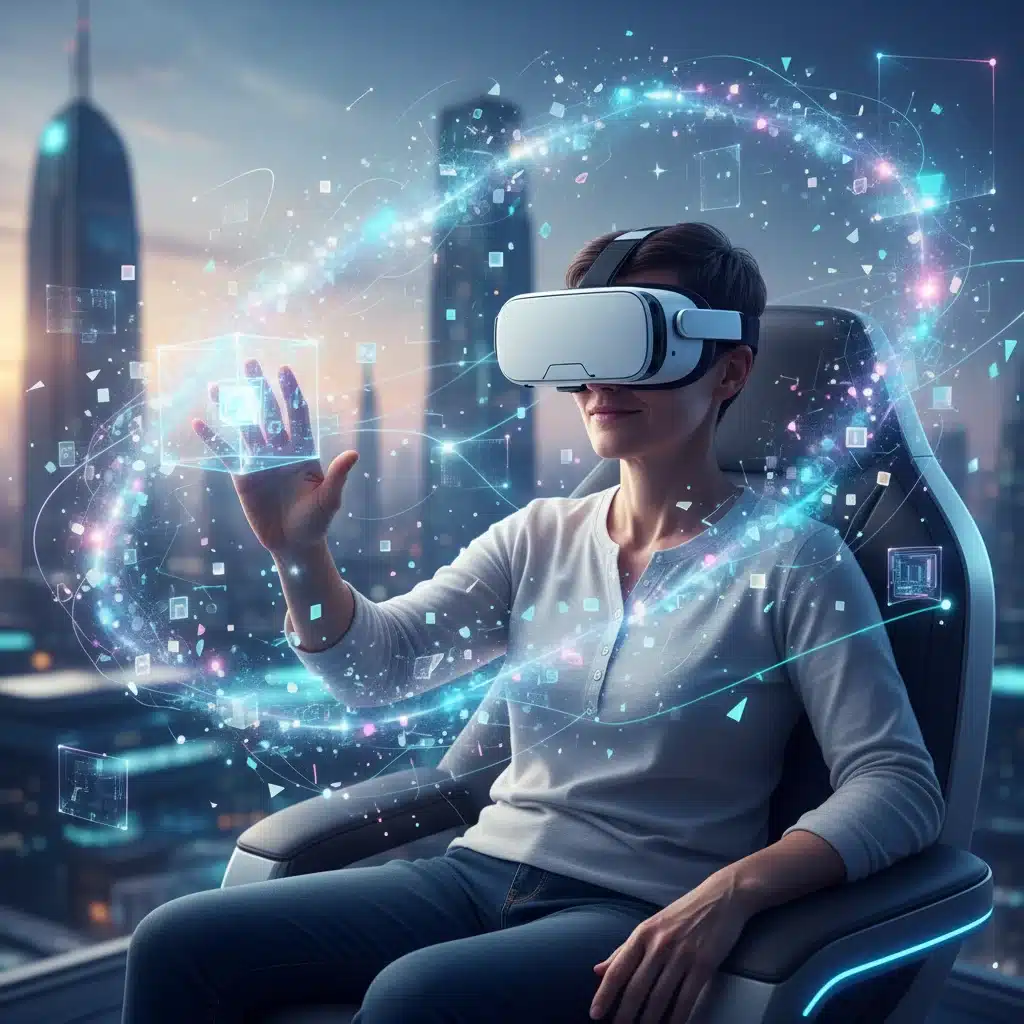 User engaging deeply with augmented reality content through a headset.