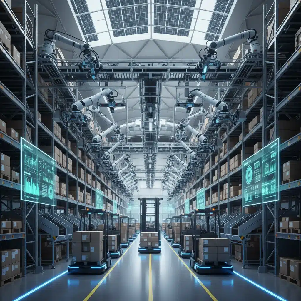 Automated warehouse with robotic arms and autonomous forklifts