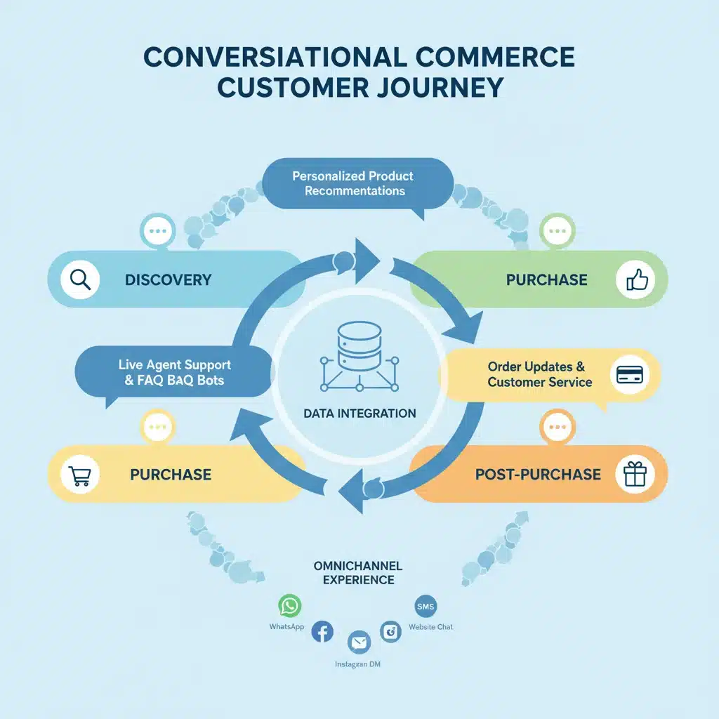 Infographic showing the customer journey optimized by conversational commerce channels.