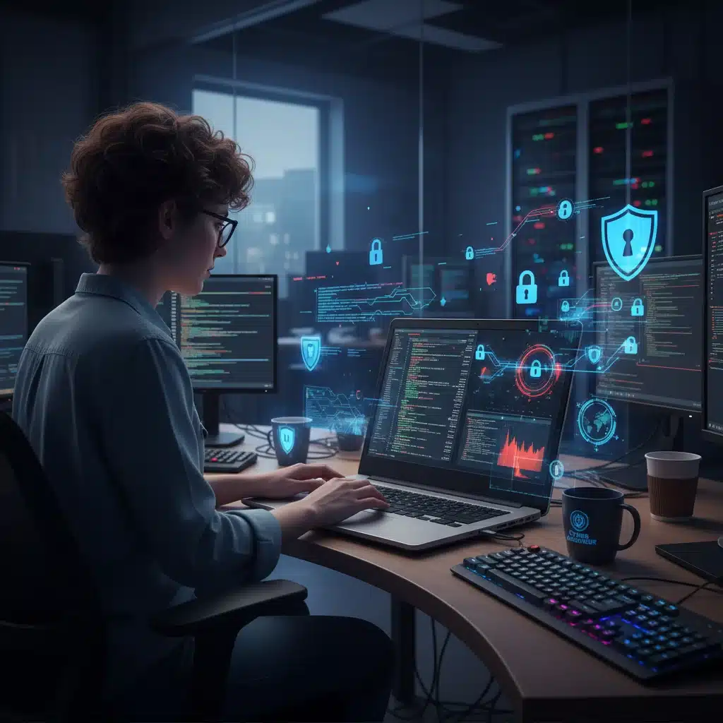 Cybersecurity analyst protecting digital infrastructure from threats, showcasing essential skills for future tech roles.