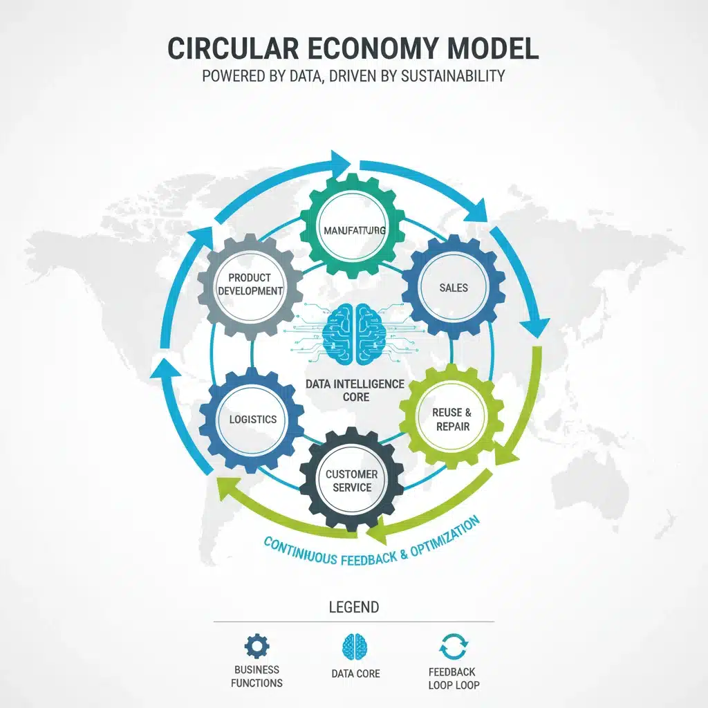 Circular economy model with data as its core, showing interconnected business functions