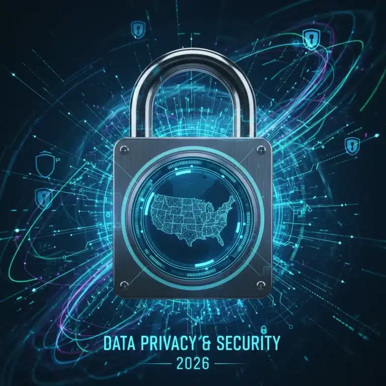 Digital padlock representing data privacy over a US map, symbolizing 2026 compliance.