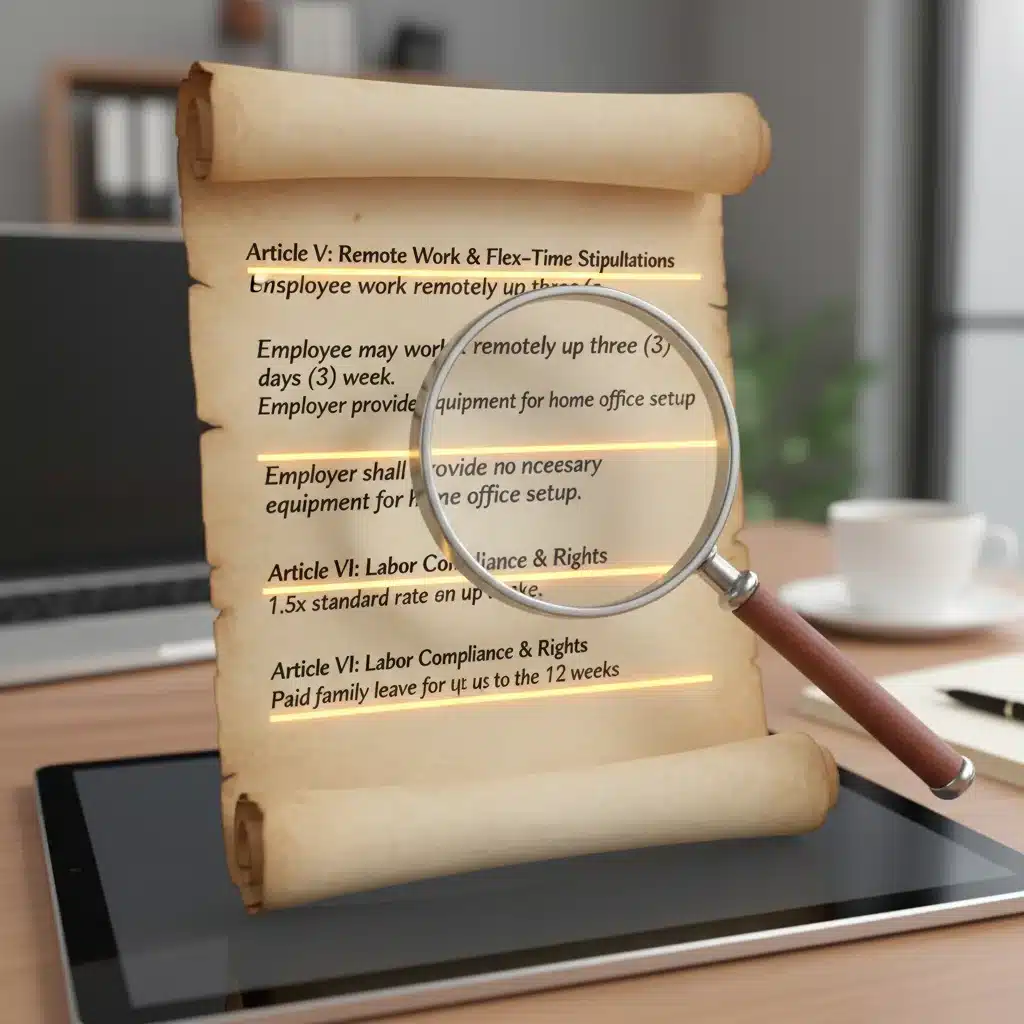 Digital legal document with highlighted sections for remote work labor laws and a magnifying glass.