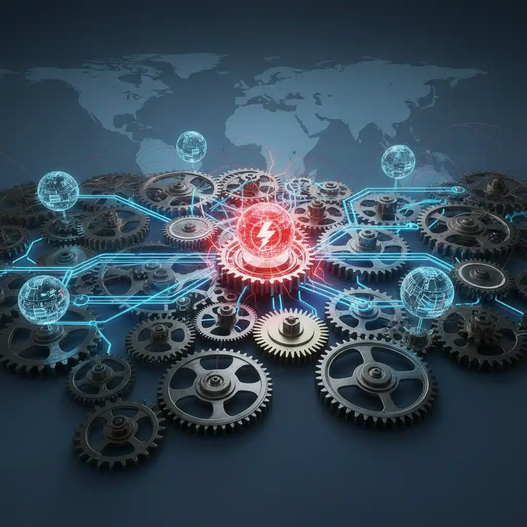Complex digital supply chain showing a vulnerable node and global interconnections