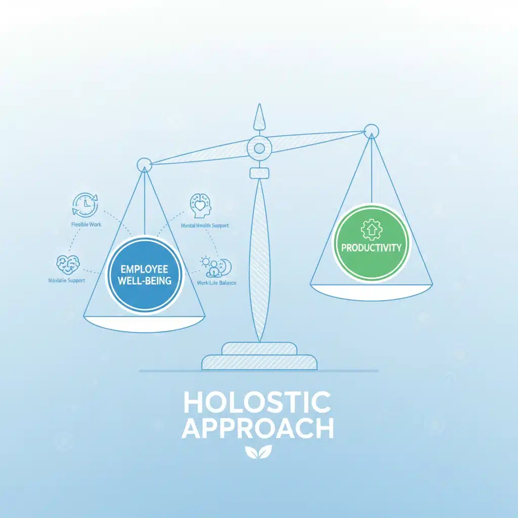 Infographic balancing employee well-being and productivity in the workplace.