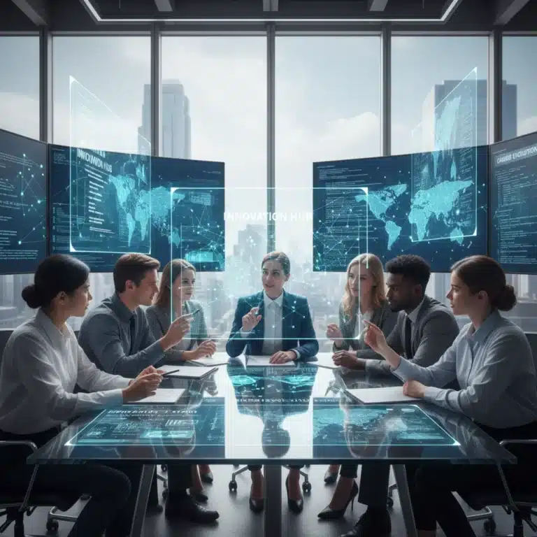 Professionals collaborating on futuristic tech projects, emphasizing upskilling and career development in evolving digital landscape.