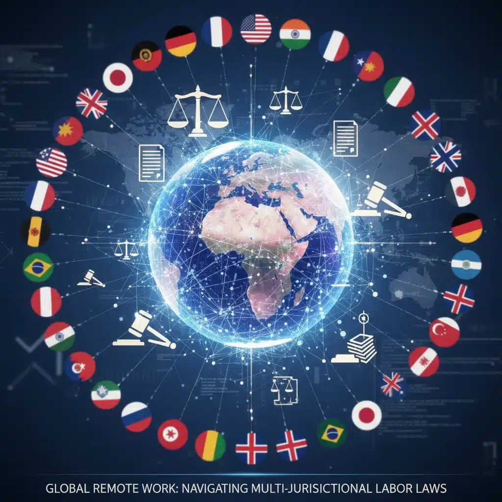Globe with digital connections and national flags, illustrating the global and multi-state nature of remote work laws.