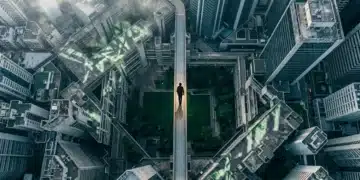 An aerial drone view of a person navigating a complex urban landscape, symbolizing future of work frameworks.