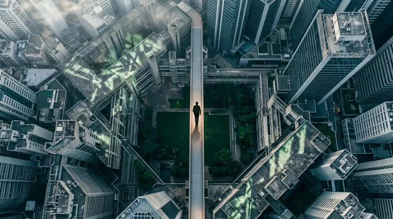 An aerial drone view of a person navigating a complex urban landscape, symbolizing future of work frameworks.