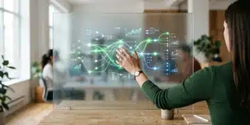A person's hand interacts with a holographic data visualization, illustrating actionable analytics and the difference between leading and lagging indicators for startup growth on a textured glass panel.