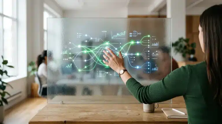 A person's hand interacts with a holographic data visualization, illustrating actionable analytics and the difference between leading and lagging indicators for startup growth on a textured glass panel.