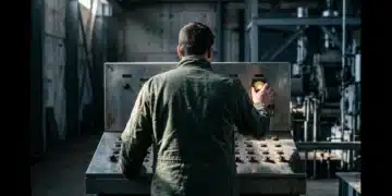 A person, back to camera, adjusting a dial on a weathered industrial control panel, symbolizing shifting power dynamics and employee autonomy in the workplace.