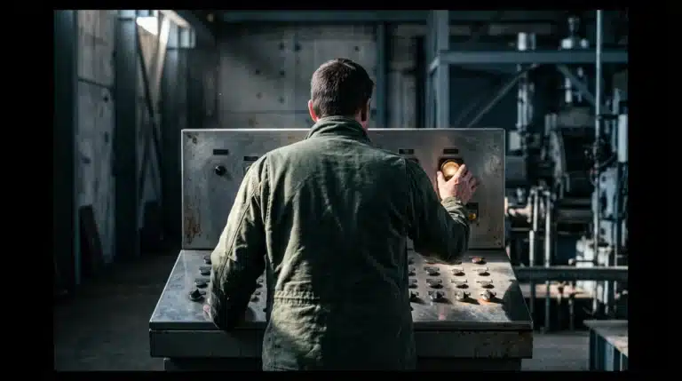 A person, back to camera, adjusting a dial on a weathered industrial control panel, symbolizing shifting power dynamics and employee autonomy in the workplace.