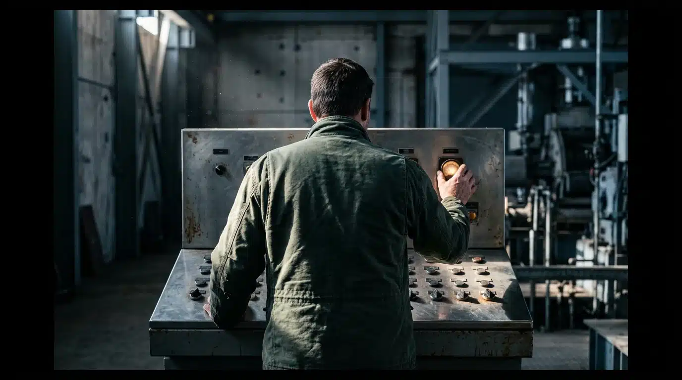 A person, back to camera, adjusting a dial on a weathered industrial control panel, symbolizing shifting power dynamics and employee autonomy in the workplace.