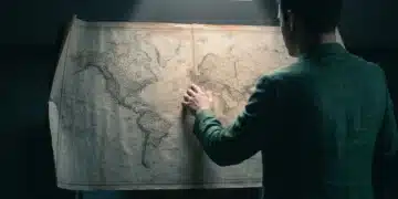 A person from behind, wearing a green blazer, tracing a finger across an antique world map illuminated by a dramatic single light source, symbolizing the analysis of global macroeconomic shifts.