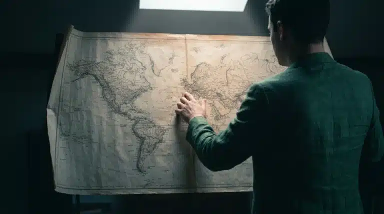 A person from behind, wearing a green blazer, tracing a finger across an antique world map illuminated by a dramatic single light source, symbolizing the analysis of global macroeconomic shifts.
