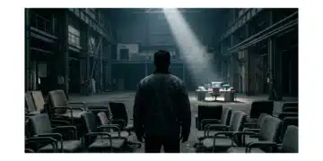A person stands silhouetted in a vast, dimly lit industrial space, looking towards a distant, illuminated modern workstation, symbolizing economic transition and the shift from traditional office models to new work environments. Empty office chairs are visible in the foreground.